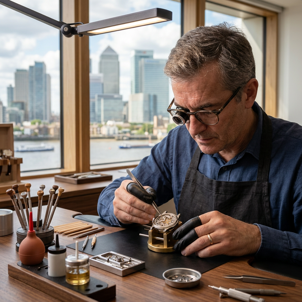 Watchmaker repairing a mechanical wristwatch at a workbench