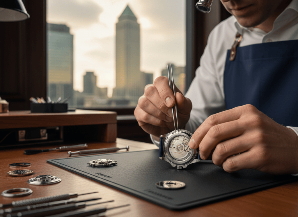 A close-up of a Citizen watch being serviced by a watchmaker in a luxury repair workshop in Canary Wharf, London. The watch movement is visible, tools are laid out precisely on a clean workbench. Warm, editorial lighting.