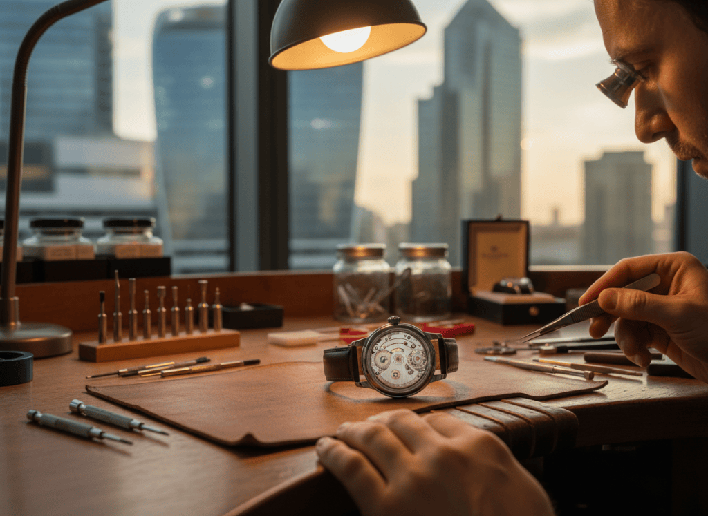 A Tissot watch on a watchmaker's bench being carefully serviced, movement exposed, precision tools arranged neatly. Clean workshop in Canary Wharf, warm editorial lighting.