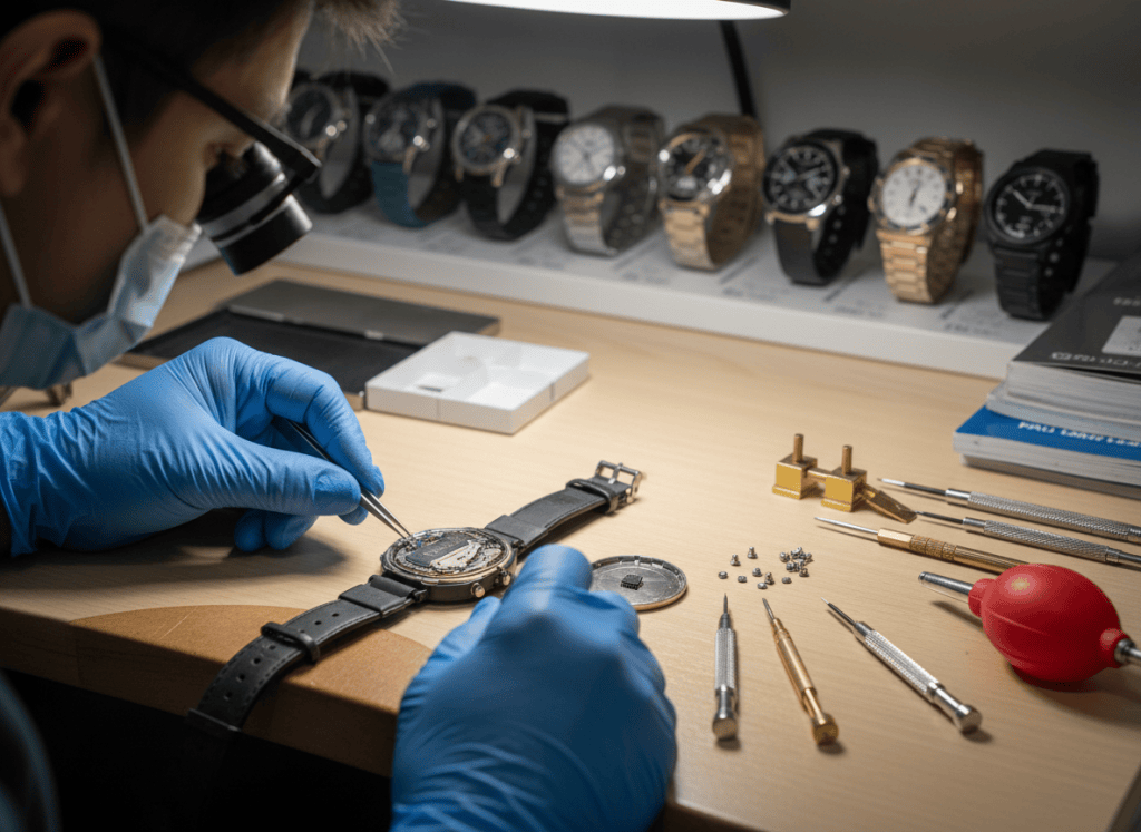 A Casio watch being serviced by a skilled watchmaker, close-up of the movement and tools on a clean workbench. Professional watch repair workshop, editorial lighting.